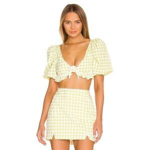 FOR LOVE & LEMONS Maureen Set Top And Skirt Green Gingham M Medium